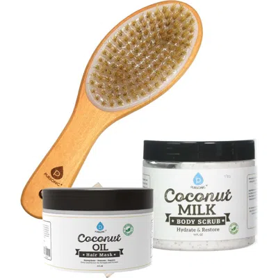 Pursonic Bath Body Brush With Lotus Wooden Handle & Coconut Care Bundle In Multicolor