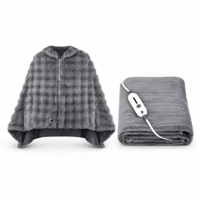Pursonic Electric Plush Heated Poncho Shawl + Electric Soft Microplush Heated Blanket Throw In Gray
