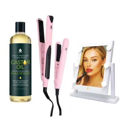 Pursonic Salon Flat Iron, 14" Led Vanity Mirror & 100% Pure Castor Oil In Pink