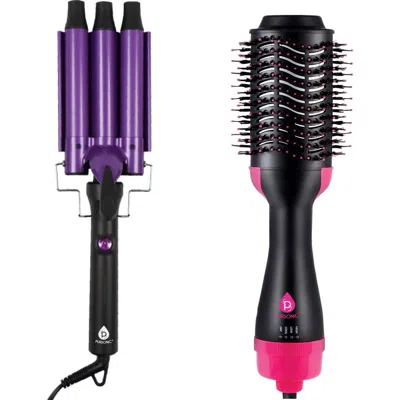Pursonic Salon-quality Hair Duo Triple Barrel Hair Curler & One Step Volumizing Hair Dryer In Black