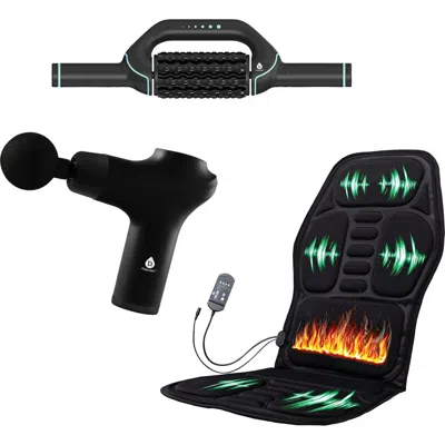 Pursonic Ultimate Relaxation Bundle Heated Chair Mat, Rolling Massager, And 3-speed Massage Gun In Black