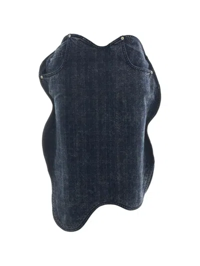 Pushbutton Acid-wash Asymmetric Skirt In Blau