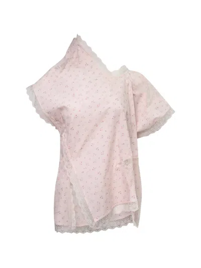 Pushbutton Pink Floral Asymmetric Star Lace Blouse