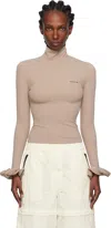 Pushbutton Beige Scrunchie Sleeve Jersey Turtleneck In Neutral