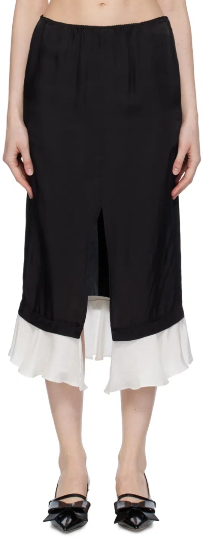 Pushbutton Black Frilled Hem Midi Skirt