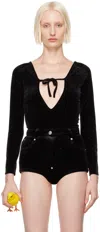Pushbutton Black Front Self Tie Bodysuit In Black