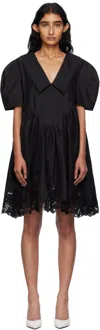 Pushbutton Black Lace Hem Puff Minidress In Black