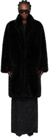 Pushbutton Black Notched Lapel Faux-fur Coat In Black