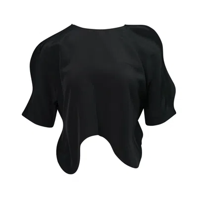 Pushbutton Wavy-hem Short-sleeve Blouse In Black