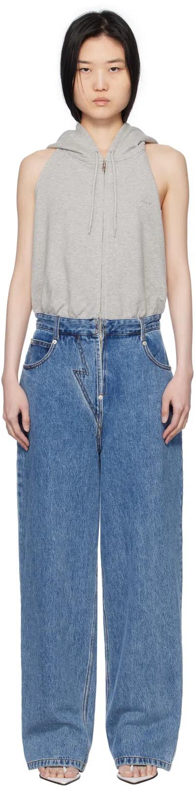Pushbutton Blue & Gray Halter Hoodie Jumpsuit