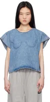 Pushbutton Blue Bra Point Sleeveless Denim Top In Blue