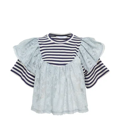 Pushbutton Blue Cropped Lace Layered Striped Blouse In Gray