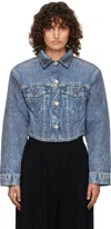 Pushbutton Blue Denim Print Cropped Jacket In Bliue