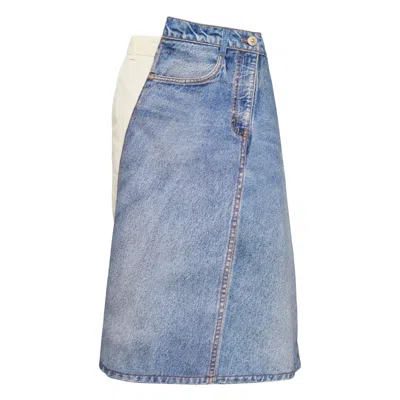 Pushbutton Blue Denim Print Wrap Panel Skirt In Multi