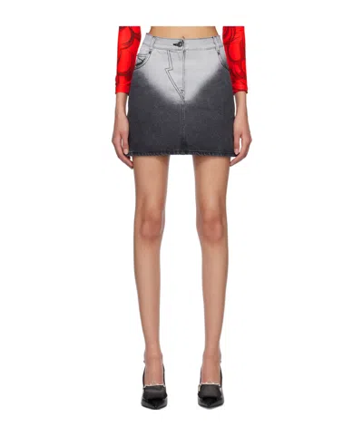 Pushbutton Brief-washed Denim Midi Skirt In Gray