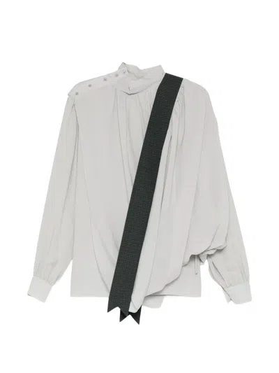 Pushbutton Button-shoulder Pleated Blouse In Grey