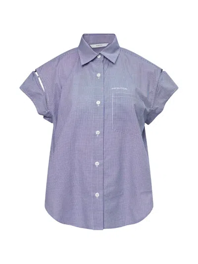 Pushbutton Navy Check Wire-sleeve Shirt In Purple