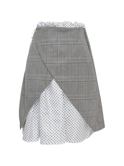 Pushbutton Checked-overlay Polka-dot Skirt In Gray
