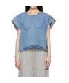Pushbutton Blue Bra Point Sleeveless Denim Top In Blue