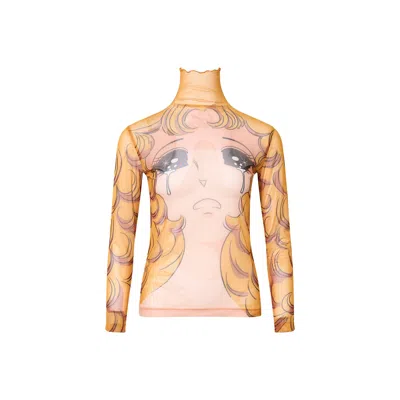 Pushbutton Crying Girl Mock Neck Mesh Top In Yellow