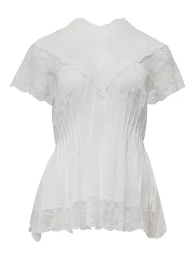 Pushbutton Darted Lace-trim Top In White