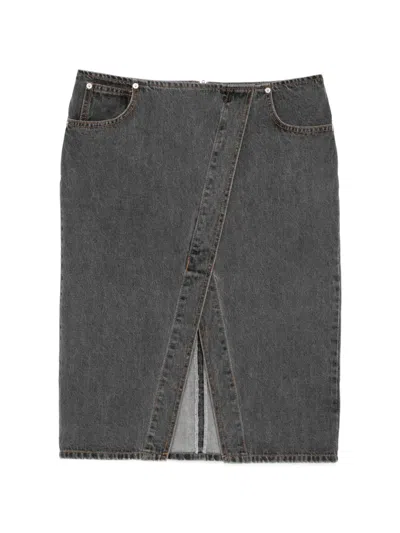 Pushbutton Diagonal-slit Denim Skirt In Animal Print