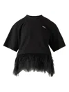 Pushbutton Feather-trim T-shirt In Black