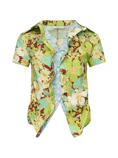 Pushbutton Floral-print Layered-design Shirt In Green