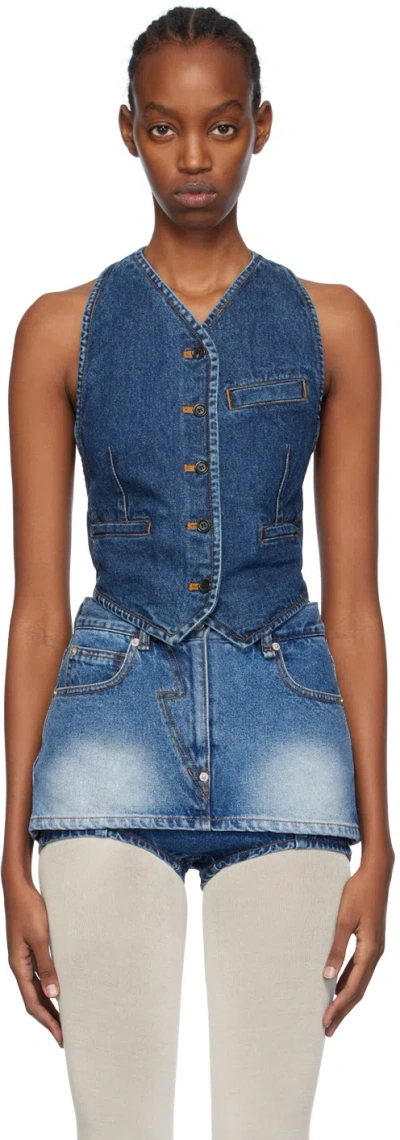 Pushbutton Indigo Halter Neck Denim Waistcoat In Blue