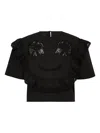 Pushbutton Lace-embellished Ruffle Blouse In Black