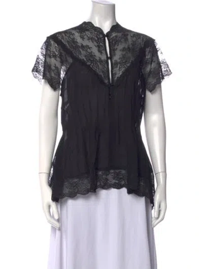 Pre-owned Pushbutton Lace Pattern Short Sleeve Blouse In Black