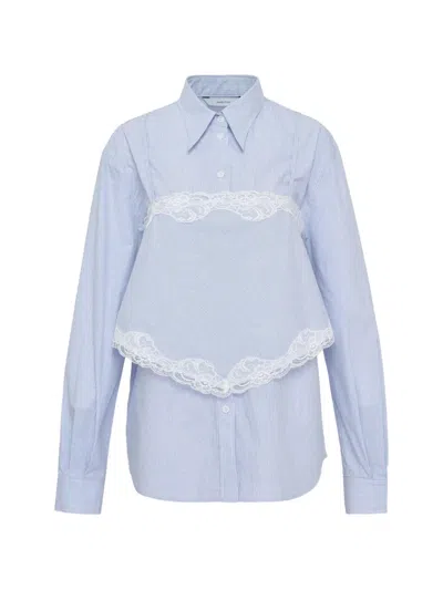 Pushbutton Lace-trim Striped Shirt In Blue