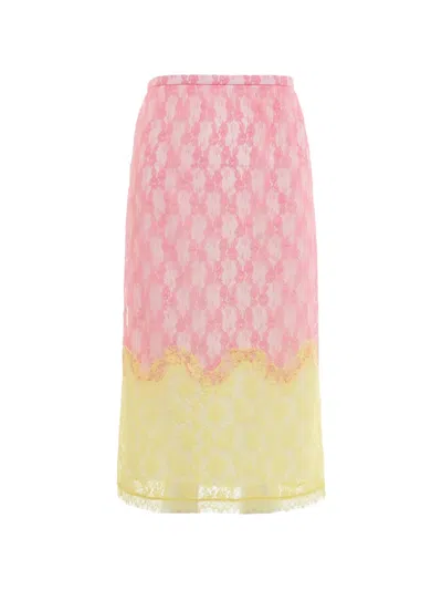 Pushbutton Lace-overlay Colour-block Midi Skirt In Multi