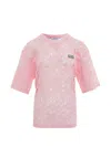 Pushbutton Lace-panelled T-shirt In Pink