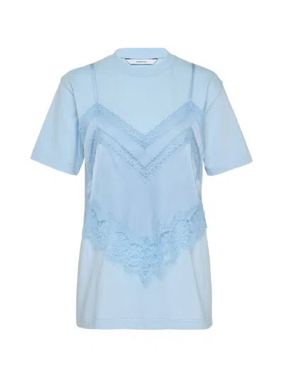 Pushbutton Lace-trim Layered T-shirt In Blue