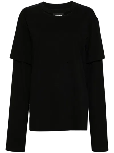 Pushbutton Layered Cotton T-shirt In 黑色