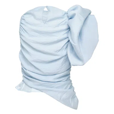 Pushbutton Light Blue Asymmetric Puffed Sleeve Top