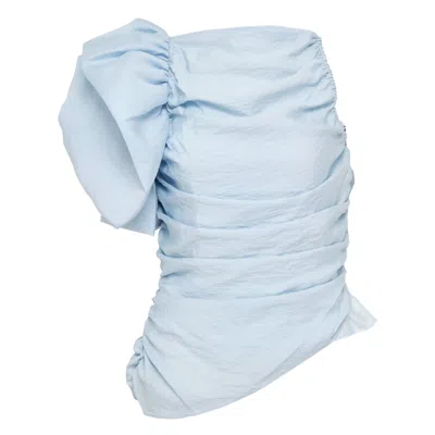Pushbutton Light Blue Asymmetric Puffed Sleeve Top