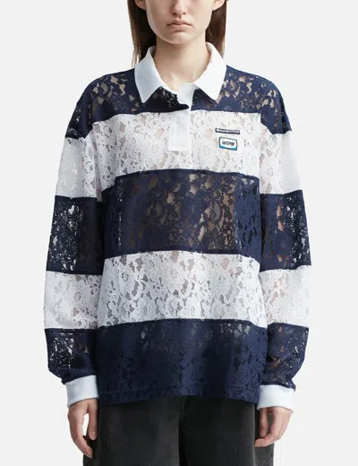 Pushbutton Navy Lace Stripe Piqué Top In Blue