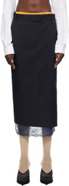Pushbutton Navy Lace Trim Midi Skirt In Navy