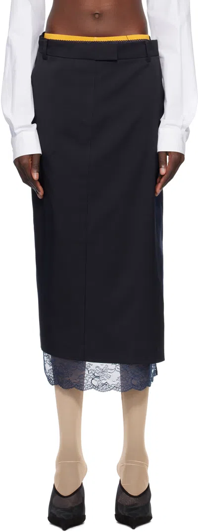 Pushbutton Navy Lace Trim Midi Skirt