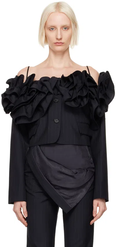 Pushbutton Navy Off The Shoulder Frill Jacket