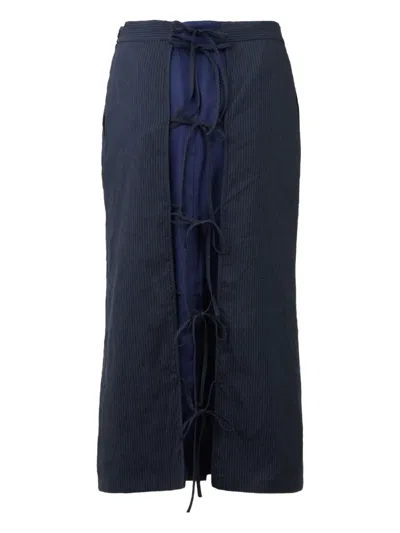 Pushbutton Pinstripe Tie-detail Skirt In Blue
