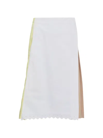 Pushbutton Pleated Colourblock Midi Skirt In White