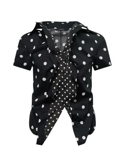 Pushbutton Polka-dot Ruffled Shirt In Black