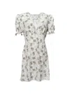 Pushbutton Puffed-sleeve Patterned Dress In White