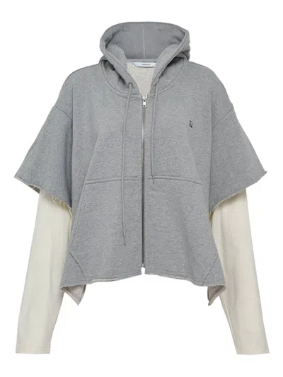 Pushbutton Raw-edge Zip-up Hoodie In Gray