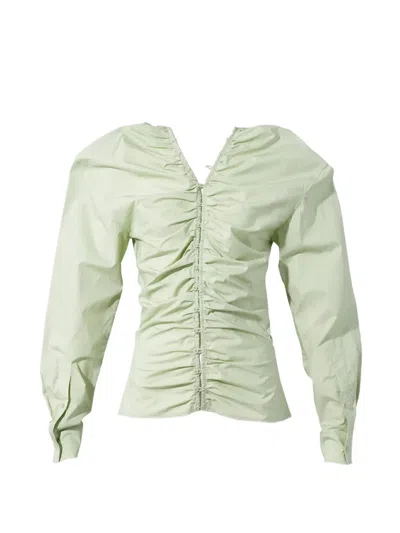 Pushbutton Ruched Button-up Shirt In Green