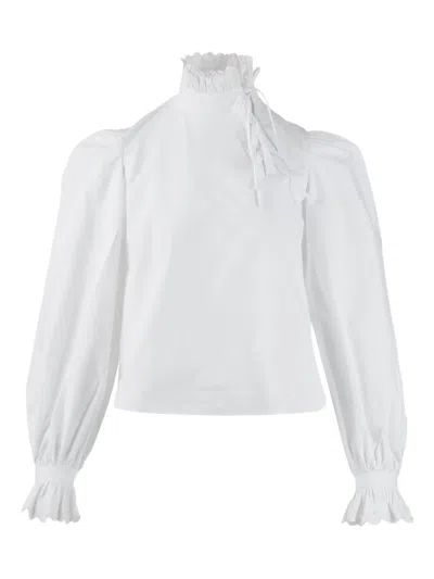 Pushbutton Ruffled High-neck Blouse In White