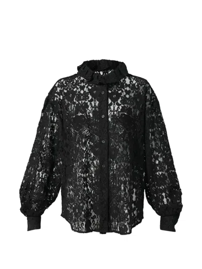 Pushbutton Ruffled-collar Lace Blouse In Black